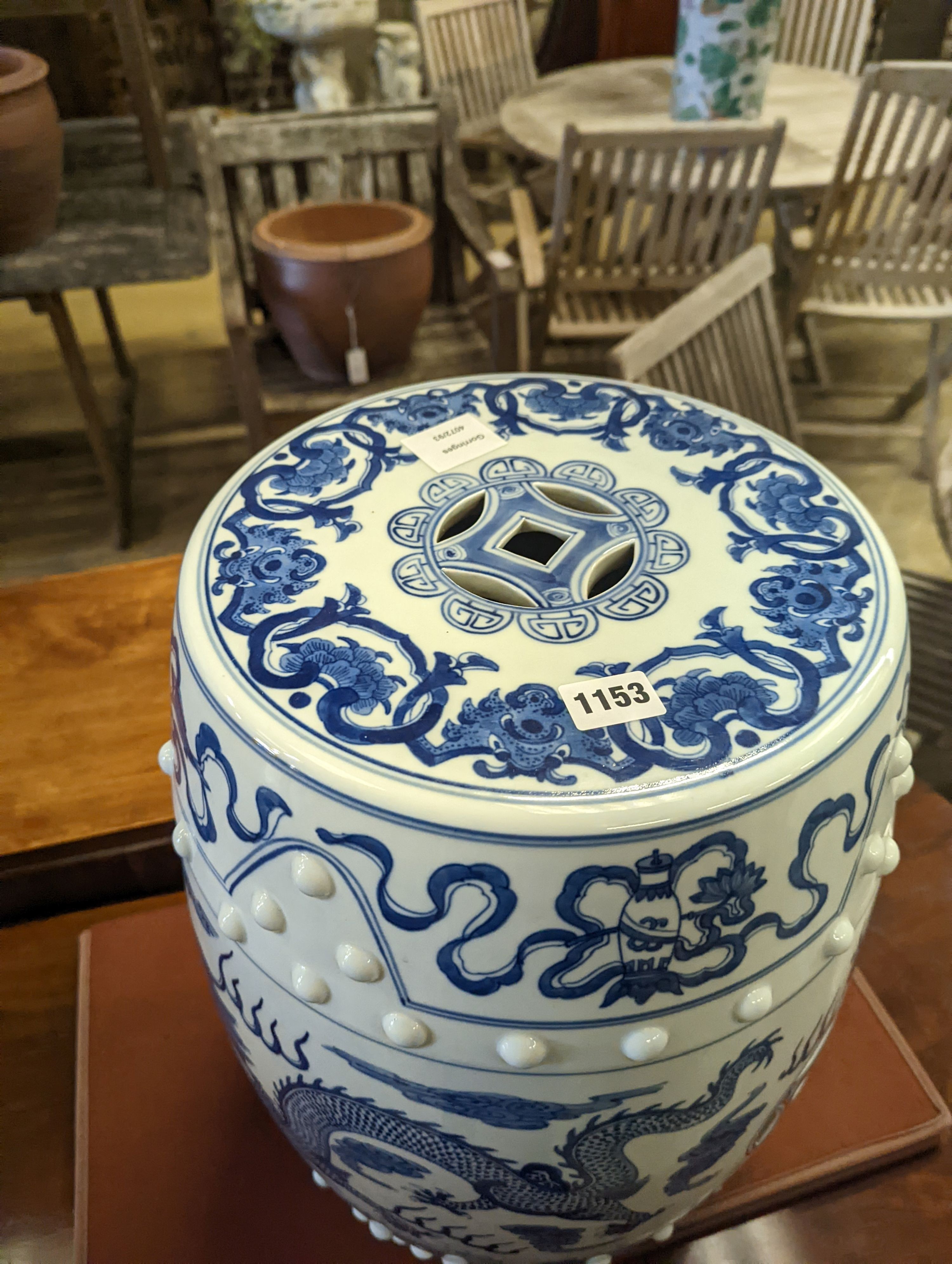 A modern Chinese blue and white porcelain garden seat, diameter 30cm, height 49cm